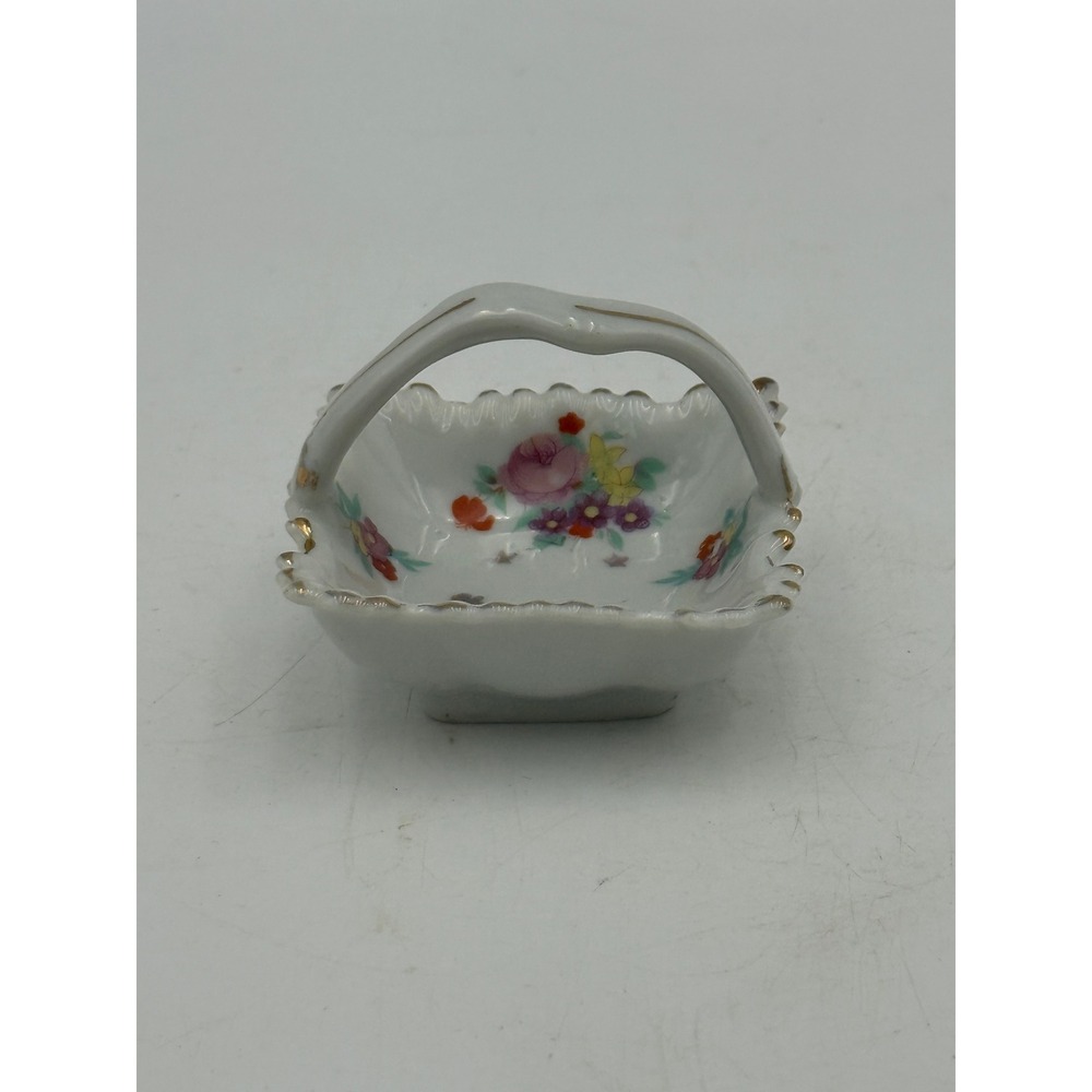 Vintage Made in Japan Miniature Porcelain Floral Basket Gold Trim Trinket Dish